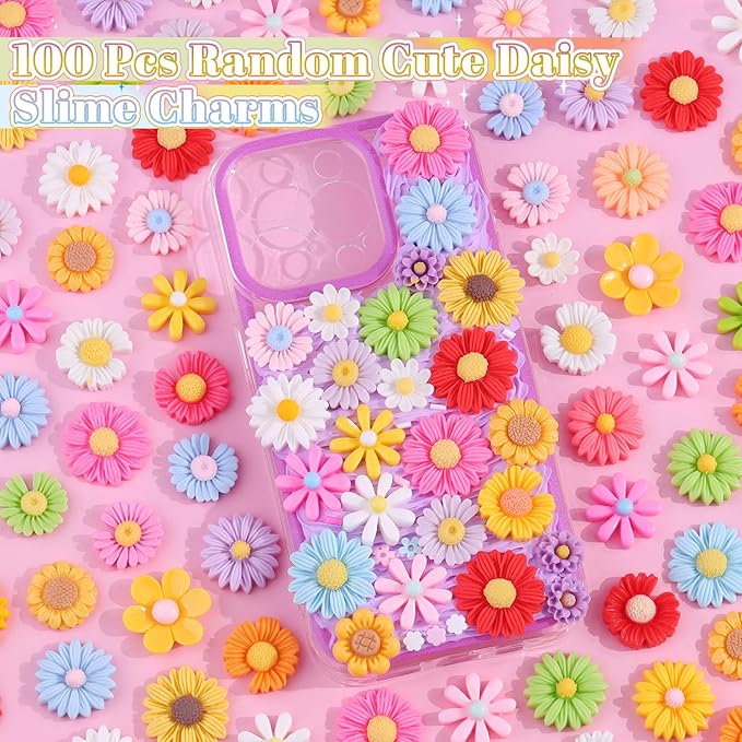 100PCS Flower Slime Charms Cute DaisyFlatback Resin Charms for Slime, Kawaii Random Decoden Charm for Embellishments Phone Junk Case Charms Bulk,Hairpins Scrapbooking Crafting DIY Decor