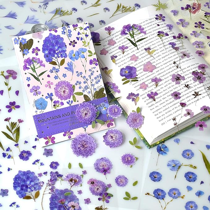 400PCS Plants Floral Scrapbook Stickers Kit Purple Flowers Transparent Waterproof Stickers Book for Scrapbooking Supplies Aesthetic Junk Journal Journaling Craft 20-Page