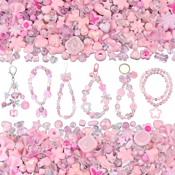 200-260PCS TINKRSTUFF Assorted Acrylic Beads Pink Cute Beads for Bracelet Making, Flower Bow Butterfly GummyBear Kawaii Charms, Aesthetic Bead for Necklace Keychain Jewelry Making DIY Phone Charm