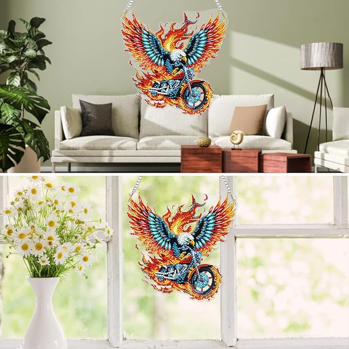 MXJSUA Eagle Motorcycle Diamond Painting Art Window Suncatchers, Diamond Art Kits for Adults Hanging Ornaments with Chain, 5D Special Shape Crystal Diamond Pendant Accessories for Decor Gift