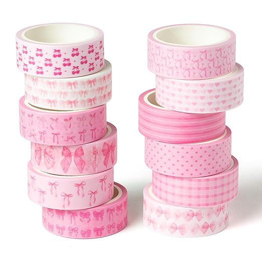 12pcs Pink Bow Washi Tape, Trendy Watercolor Pink Bow Cherry Preppy Aesthetic Decorative Tape, Cute Bowknot Heart Buffalo Plaid Artistic Tape for DIY Craft Scrapbook Wrapping Decor
