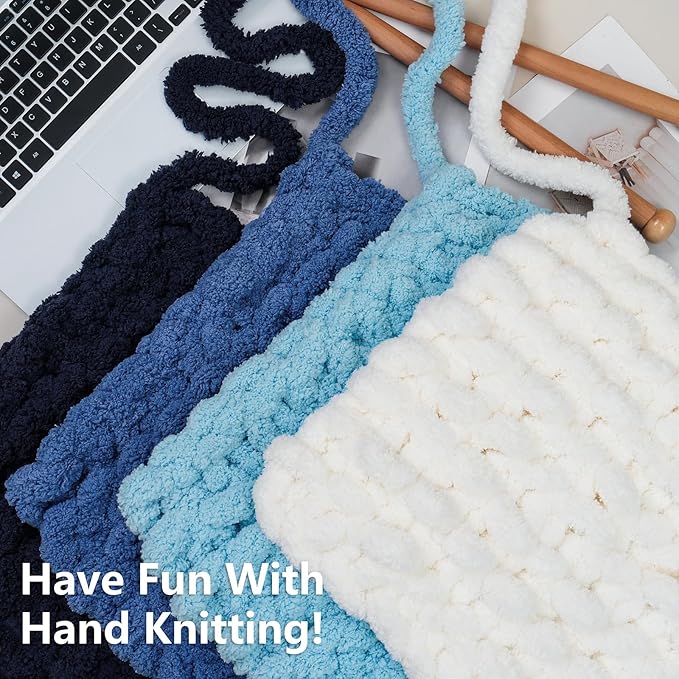 Chunky Yarn for Hand Knitting - #10 Chunky Chenille Yarn, Jumbo Big Thick Chunky Yarns for Crocheting, Super Bulky Chunky Knit Blanket Yarns, 8 Skein (25yd, 8oz/Skein), Cream & Multi Blue
