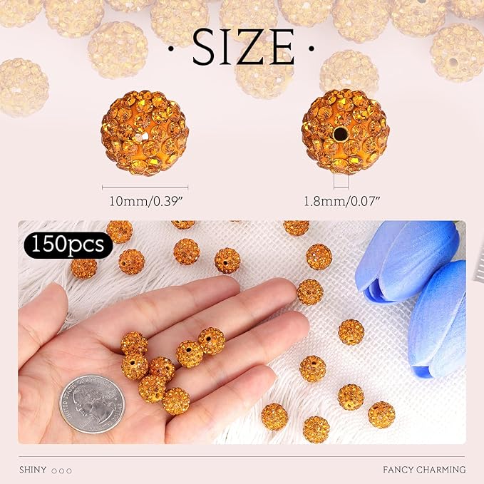150 pcs 10mm Rhinestone Beads for Jewelry Making, Golden Shiny Round Shamballa Disco Beads Bulk, Sparkle Crystal Clay Christmas for Bracelet Baseball Necklace Earring Crafting and DIY
