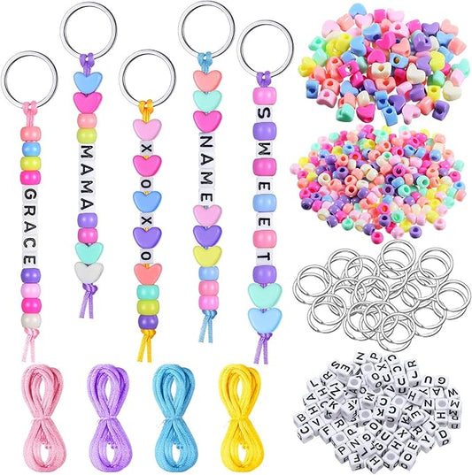 Landical 564 Pcs DIY Bead Keychain Kit Key Chain Making Craft Adjustable Letter Beads String Mama Sport Gift Alphabet Jewelry Accessories Holiday Party Favor for Adult(Heart, Dream Color)