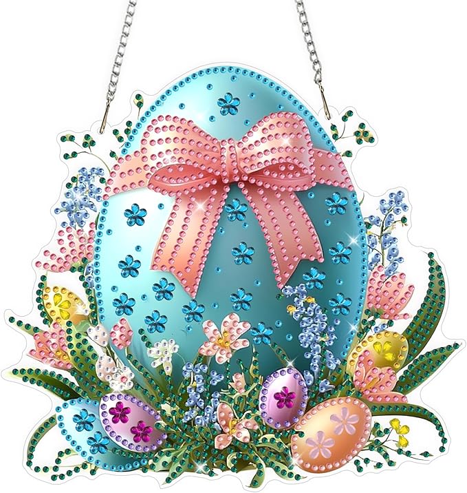 Easter Egg Diamond Art Hanging Ornaments Kits for Adults, Diamond Painting Pendant Kits, DIY Acrylic 5D Special Shaped Crystal Gem Art Painting Ornament for Home Wall Easter Decor Gift 8x8 Inch