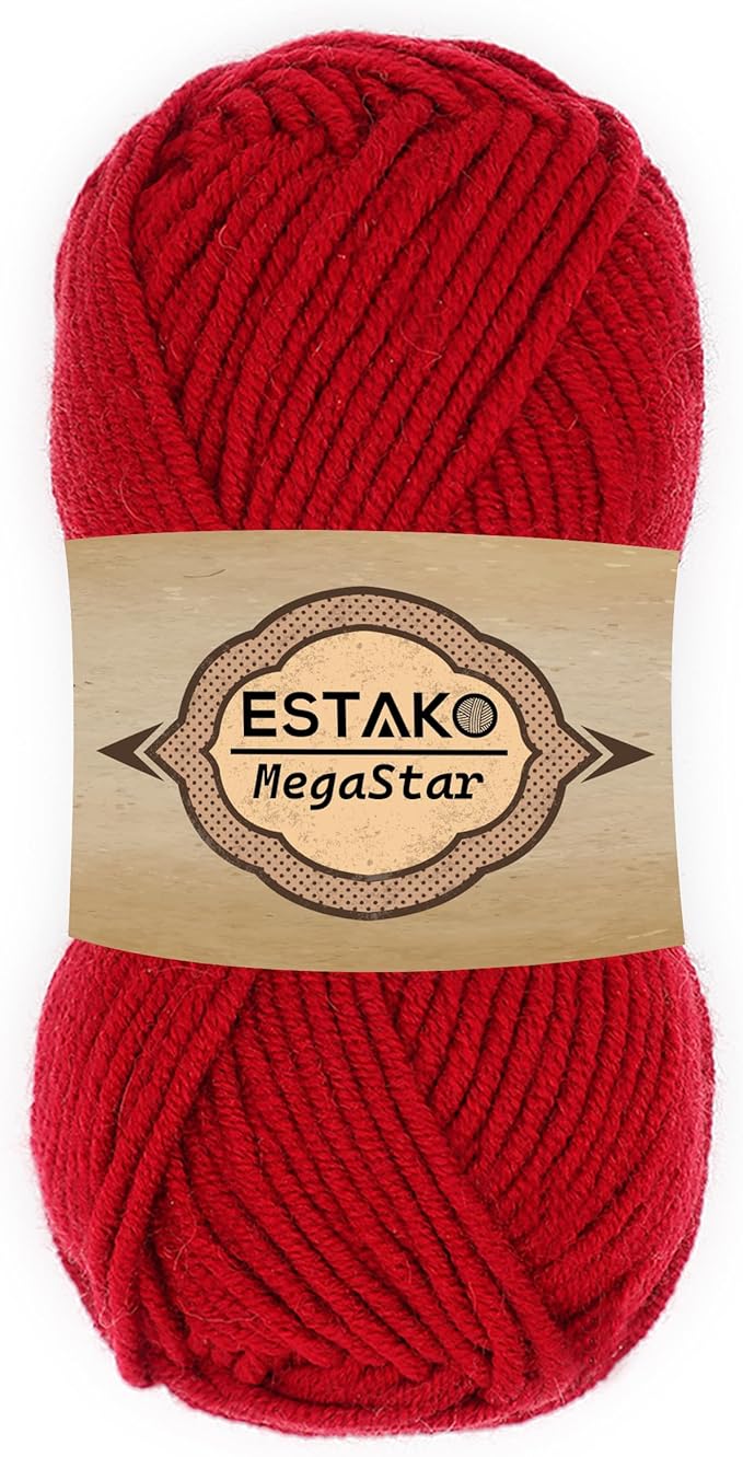 Estako Megastar, 75% Acrylic 25% Wool Yarn, Soft, Chunky Bulky Weight #5 for Crochet and Knitting 3.52 Oz (100g) / 120 Yrds (110m) (63121 - Red)