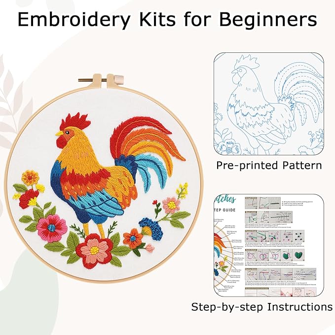 Nuberlic Animal Embroidery Kits for Beginners, Cross Stitch Kits with Rooster and Flower Pattern - Complete Starter Set with Hoop, Pre-Printed Fabric, Threads & Needles