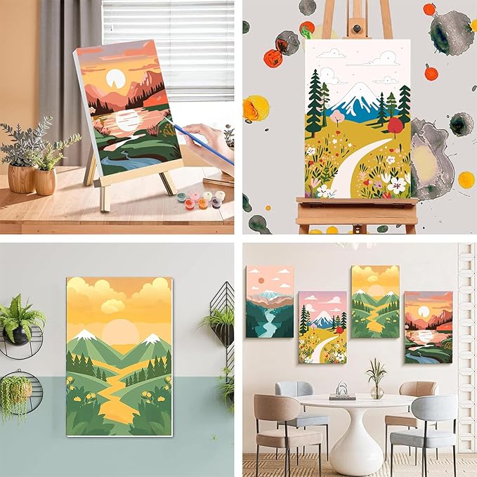 xackcme 4 Pack Paint by Numbers for Adults with Framed Canvas - with Wooden Easel, Landscape Paint by Number for Beginners, Easy Acrylic Oil Painting Kits with Brushes for Home Wall Decor (8x12 inch)
