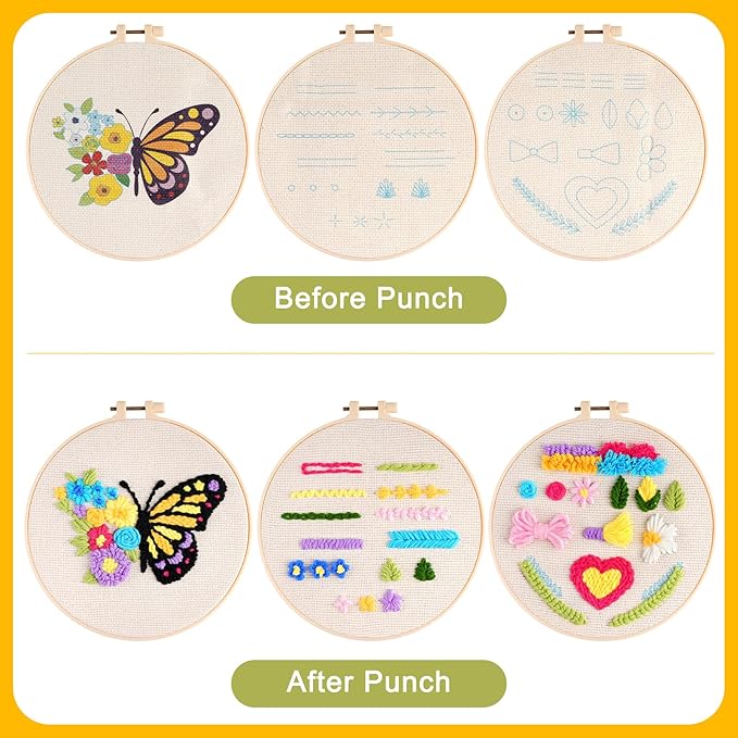 Pllieay 3 Sets Punch Needle Embroidery Kits, All-Inclusive Embroidery Kit for Beginners with Pre-Printed Fabric, Hoop, Yarns & Tools – Good Stitching Kit & Embroidery Starter Kit