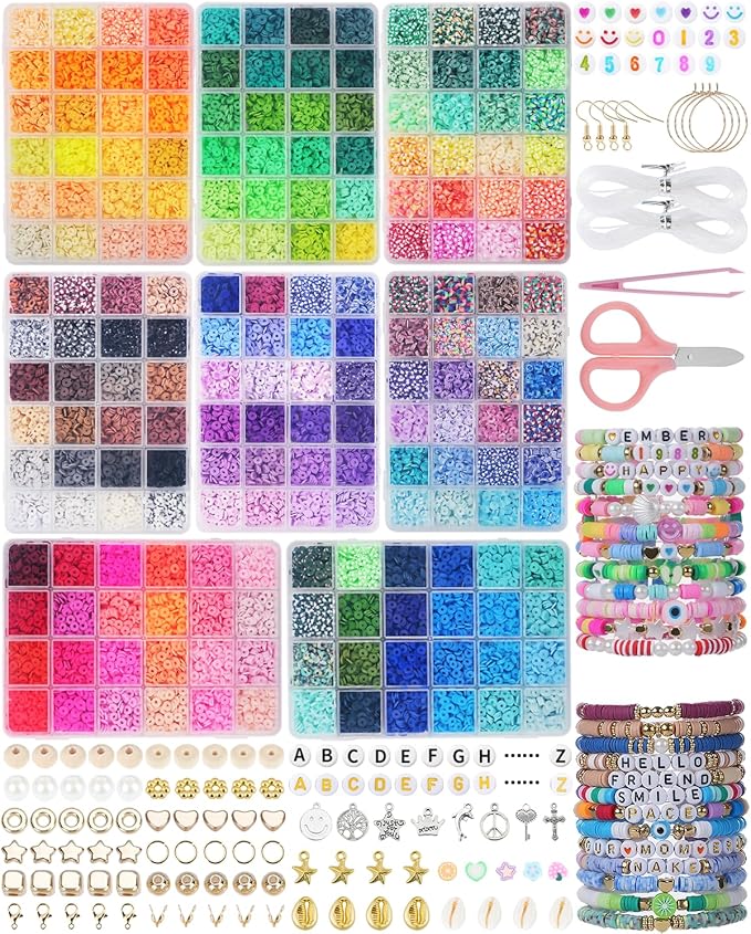 BestNow Clay Beads Bracelet Making Kit 192 Colors Flat Polymer Heishi Beads Set for Friendship Jewelry Making with Pendant Charms Crafts Gifts for Girls Ages 6 7 8 9 10 11 12 Kids Adults