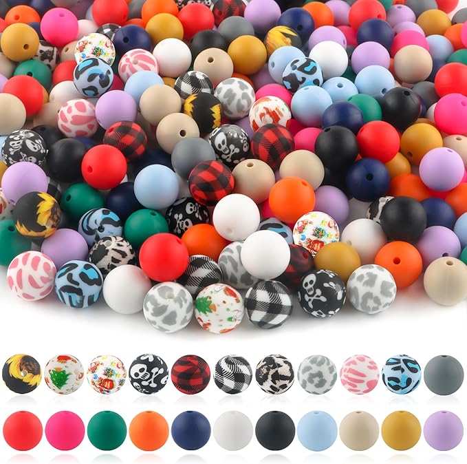 Sunrony 150pcs Silicone Beads for Keychain Making Bracelet Decoration and 15mm Silicone Beads for Pens (Pop Colors)