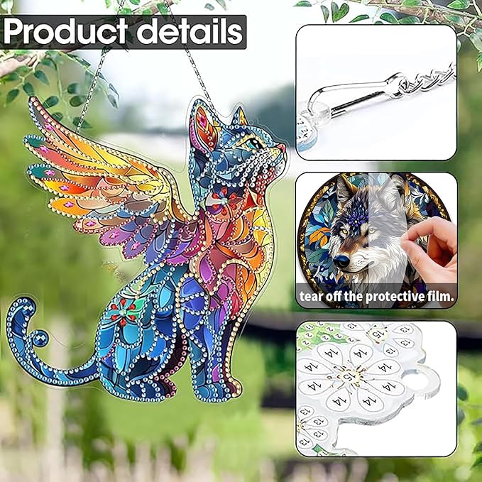 SKRYUIE Cat Hanging Diamond Art Kits for Adults Pendant Suncatcher, Special Shaped Crystal DIY Pearl Diamond Painting Kit, Gift for Mother Spring Summer Window Wreath Decor 7.8 x 6.86 Inch A28