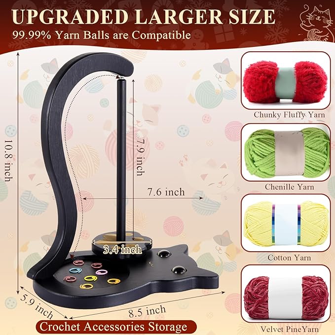 Black Cat Yarn Holder for Crocheting, Wooden Crochet Yarn Holder Magnetic Yarn Spinner with Accessories Storage Anti-Slip Pads,Yarn Ball Holder Crochet Gift for Knitting Lovers with Gift Box Packaging
