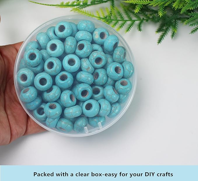 PAMIR TONG Turquoise Large Hole Beads for Jewelry Making - 100pcs 14mm European Gemstone Howlite Rondelle Spacer Big Craft Beads for Pens, Bracelets