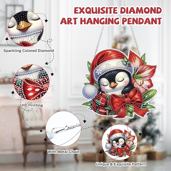 Bowetile Christmas Diamond Art Hanging Kits for Adults, Penguin Diamond Art Suncatchers, 5D Special Shape Diamond Painting Pendant Window Ornament Christmas Gifts for Home Door Wall Decor