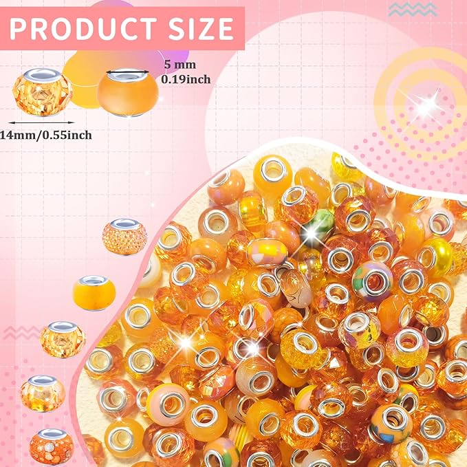 Large Hole European Beads for Pens - 100 Pieces Assorted Orange Fairy Wand Garden Lampwork Craft Spacer for DIY Charms Bracelet Necklace Decoration Jewelry Making Supplies