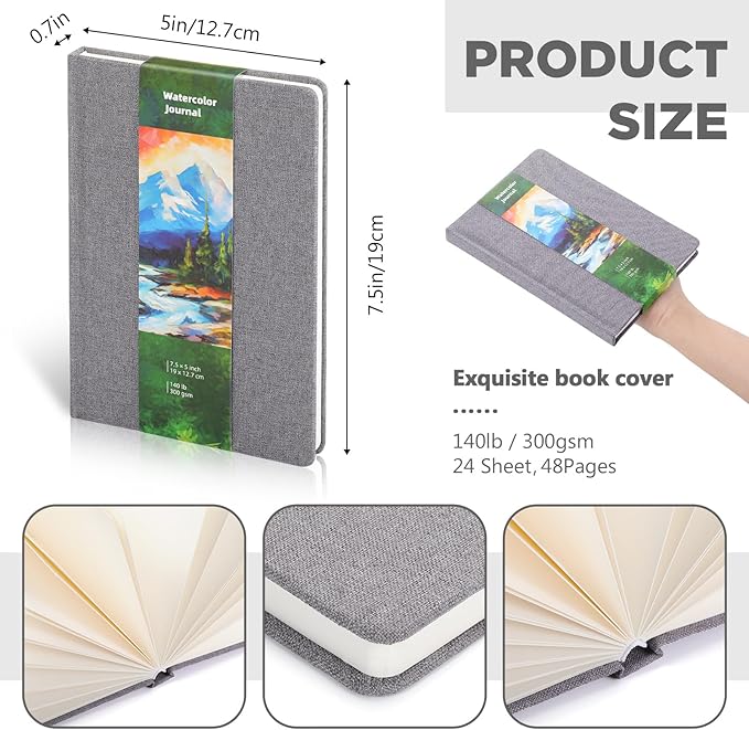 Dispowreath 7.5 x 5 in Watercolor Sketchbook Journal Square Watercolor Notebook Cold Press 140lb 300gsm Cotton Paper 48 Pages Journals Notebook Paper Pads(Gray)