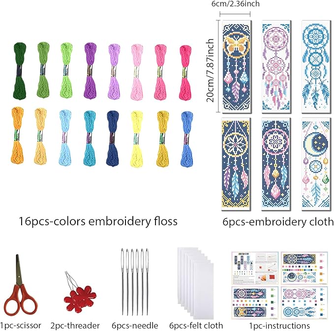 FREEBLOSS 6 Set Cross Stitch Bookmark Kits Dreamcatcher Pattern Stamped Embroidery Kit Stitch Bookmarks DIY Book Marks Printed Cross Stitch Kits with Instructions for Beginners Adults 8''x2.4''