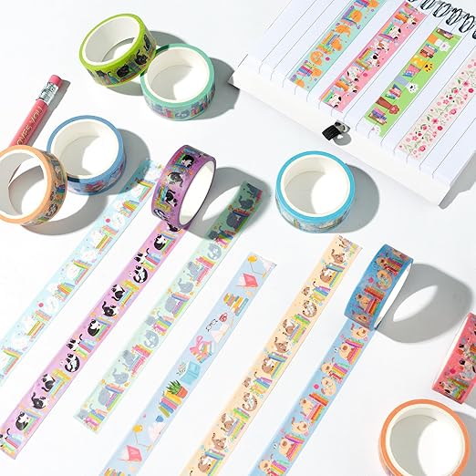 Cats Books Washi Tapes - 12pcs Cute Trendy Colored Aesthetic Stacking Book Decorative Cat Paw Artistic Photo Scrapbook Masking Sided Adhesive Tape Set Supplies DIY Craft Bookish Gift Wrapping