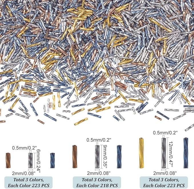 PH PandaHall 2000pcs Twisted Bugle Beads, Metallic Bugle Beads 6/9/12mm Glass Long Tube Seed Bead Craft Beads Loose Spacer Beads for Jewelry Crafts Making, Gray/ Camel/ Black (SEED-PH0001-65-US2)