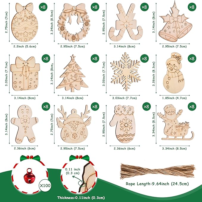 96 Pcs Wooden Christmas Ornaments Unfinished Wood Slices, Wooden Christmas Tree Hanging Ornaments for DIY Art Craft with 12 Styles, DIY Wood Crafts Hanging Decorations Kit