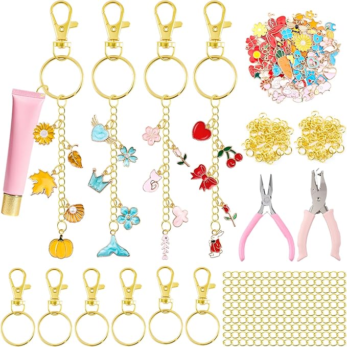PYURTHITY 254 Pcs Colorful Charms Lip Gloss Keychain Making Kit Include Pink Blue Red Orange Enamel Charms Keychain Clips Extender Chains Jump Ring Plier DIY Jewelry Crafts Gifts for Women Adults