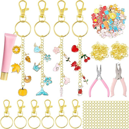 PYURTHITY 254 Pcs Colorful Charms Lip Gloss Keychain Making Kit Include Pink Blue Red Orange Enamel Charms Keychain Clips Extender Chains Jump Ring Plier DIY Jewelry Crafts Gifts for Women Adults