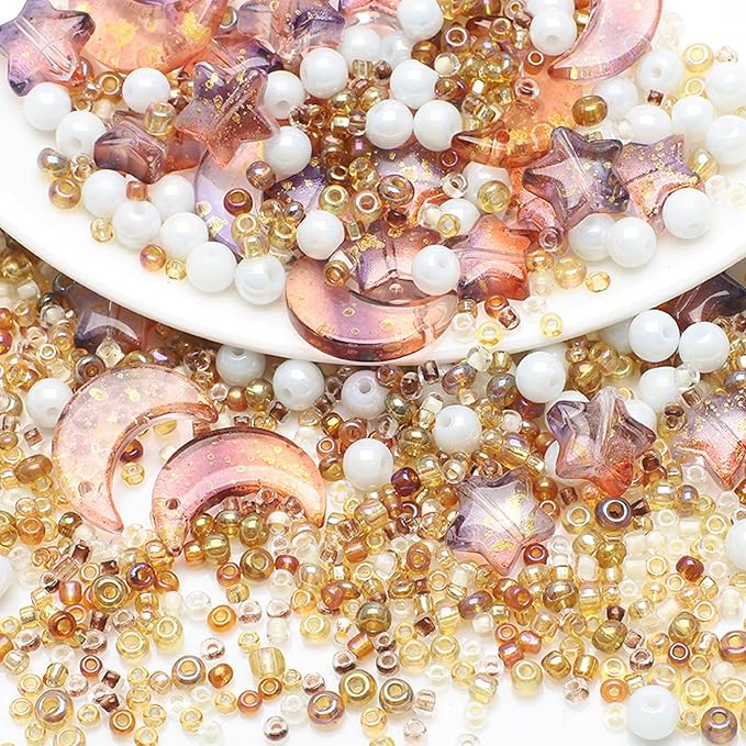 Mixed Star Moon Crystal Glass Beads Seedbeads Loose Round Pearl Beads for Jewelry Making Craft Bracelets Necklaces Earrings DIY Crafts Projects Brown Glass Spacer Bead Kits for Crafts