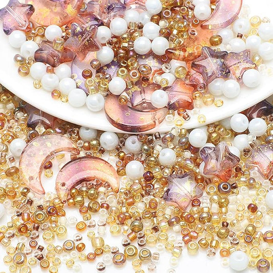 Mixed Star Moon Crystal Glass Beads Seedbeads Loose Round Pearl Beads for Jewelry Making Craft Bracelets Necklaces Earrings DIY Crafts Projects Brown Glass Spacer Bead Kits for Crafts