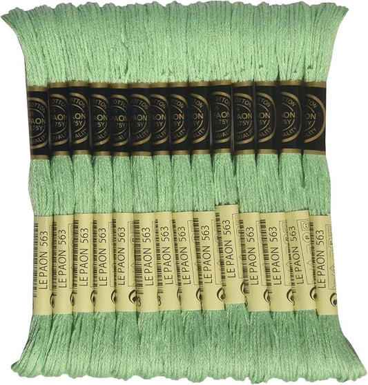 LE PAON Embroidery Floss, 14-Pack Six Strands 100% Long Staple Cotton Embroidery Thread, 8.7-Yard，Color Number：563, Light Jade