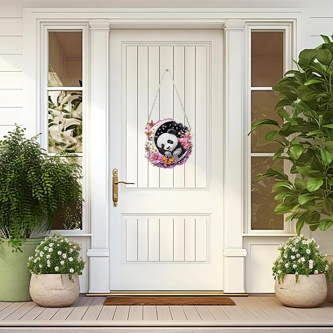 Lxmsja DIY Cute Panda Diamond Painting Hanging Ornament, Double-Sided Acrylic Dreamy Moon Diamond Art Kit, Special Shaped Suncatcher Hanging Pendant Window Art Kit