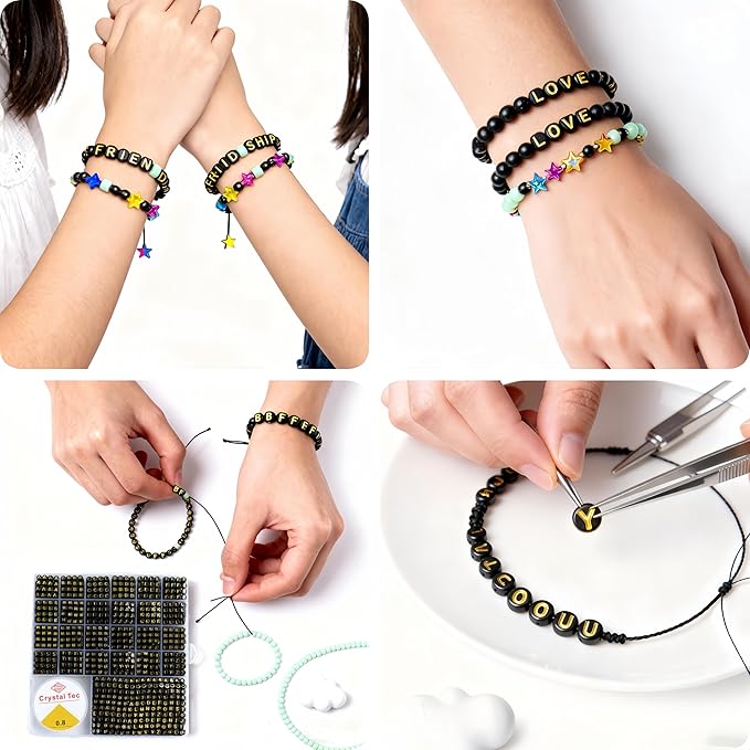 nikkiGuo 1250 PCS Letter Beads Kit with Elastic Cord – Alphabet A–Z, Numbers, Heart, Moon, Star, Smiley Beads for Friendship Bracelets & DIY Jewelry (Black Beats & Golden Letters)