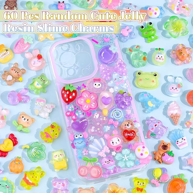 60PCS Slime Charms Jelly Cute Flatback Resin Charms for Slime, Random Kawaii Decoden Charm for Embellishments Phone Junk Case Charm Bulk, Scrapbooking Crafting & DIY Decor (Multicolor)