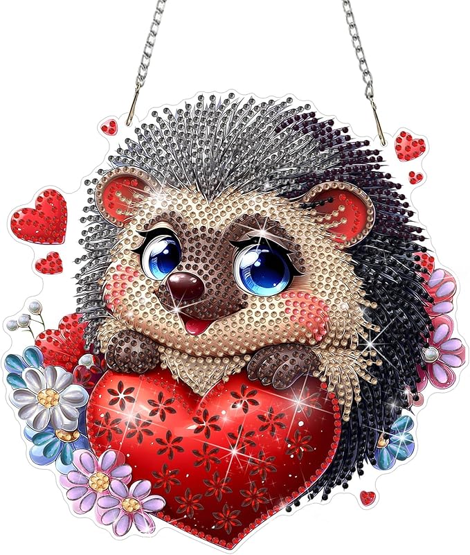 DOMROM Hedgehog Diamond Art Hanging Kits for Adults, Special Shaped Crystal Diamond Painting Hedgehog Pendant, DIY Diamond Art Suncatchers Animal for Home Garden Wall Decor Gift
