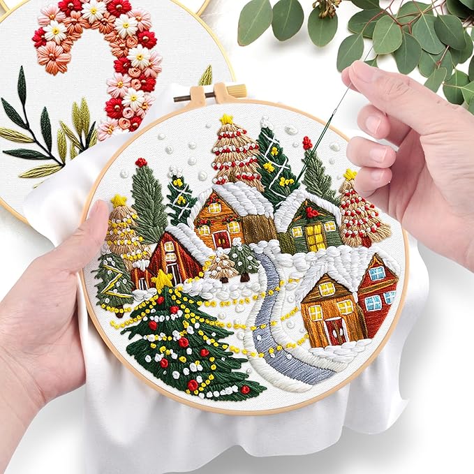 ERKOON Embroidery Kit for Beginners, 5 Sets Christmas Cross Stitch Set for Adults Include Embroidery Cloth Hoops Threads for Craft Lover Hand Stitch with Skill Techniques (Christmas#2)