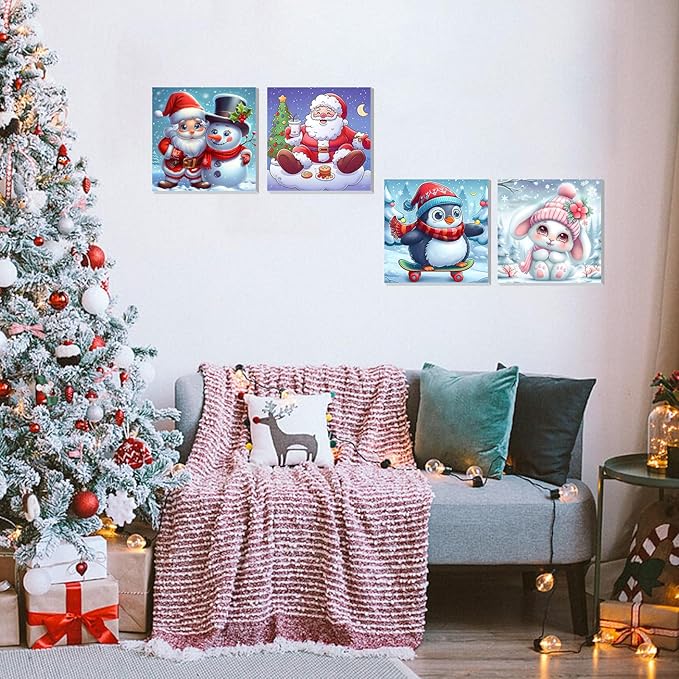 DOMROM 4 Pack Framed Paint by Numbers Snowman for Kids Beginners, Adult Paint by Number Kits Penguin on Canvas, Acrylic Number Painting Christmas Craft Kits for Gift Home Decor 8x8in