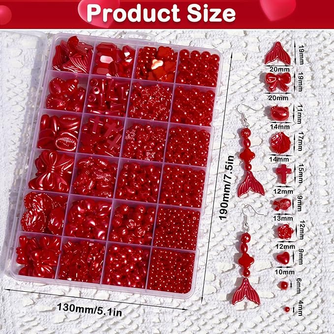 1170 Pcs ABS Imitation Pearl Beads for Jewelry Making, Assorted Heart Star Bowknot Circle Flower Aesthetic Cute Bead for Bracelet Necklaces Earrings Key Chains DIY Phone Charm Crafts (Red)