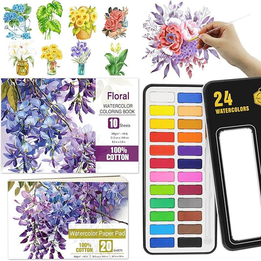 Vashly Watercolor Coloring Book Kit for Adults - Complete 24-Color Paint Set with Brush, 8.3"x5.8" Premium 100% Cotton Paper Pad, Beginner-Friendly Floral Art Therapy & Stress Relief Workbook