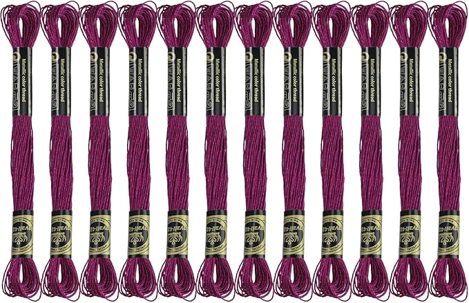 12 Skeins Embroidery Floss, Purple Red Metallic Embroidery Thread Polyester Cross-Stitch Threads for Hand Embroidery String Art DIY Creation