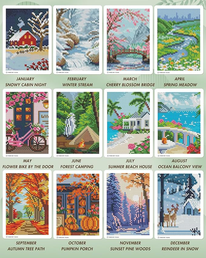 Foreveryoung Minigem Small Diamond Art Kits for Beginners, 12Pcs Square Drill Diamond Painting Kits for Adults 3-Hour Painting, Postcard-Style Mini Diamond Art Kits for Adults 5x7 Inch (Twelve Months)
