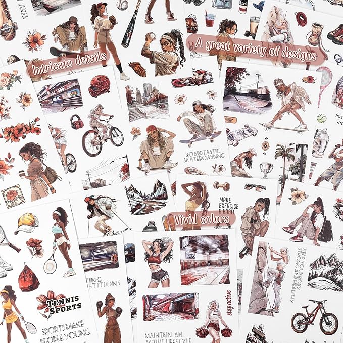 Dizdkizd Sport Themed Scrapbooking Journaling Stickers for Adults, 196 Die-Cut PET and Paper Sticker Book for Bullet Journal, Collage, Colored Girls Fitness Planner Stickers Kit