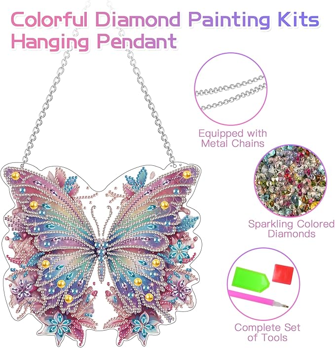 Scettar 2 Pcs Dimond Art Paintings Butterfly, Diamond Art Kits for Adults, DIY Crystal Gem Craft Painting Kit, Special Shape Diamond Art Suncatcher Hanging Ornament for Home and Garden Decor