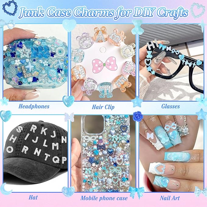 330 Pcs Blue Junk Phone Case Charms 26 Pcs A-Z Rhinestone Alphabet Letter Charms, Mix Flower Bow Heart Pearls Flatback Resin Charms Letter Junk Cases Kit for DIY Crafts