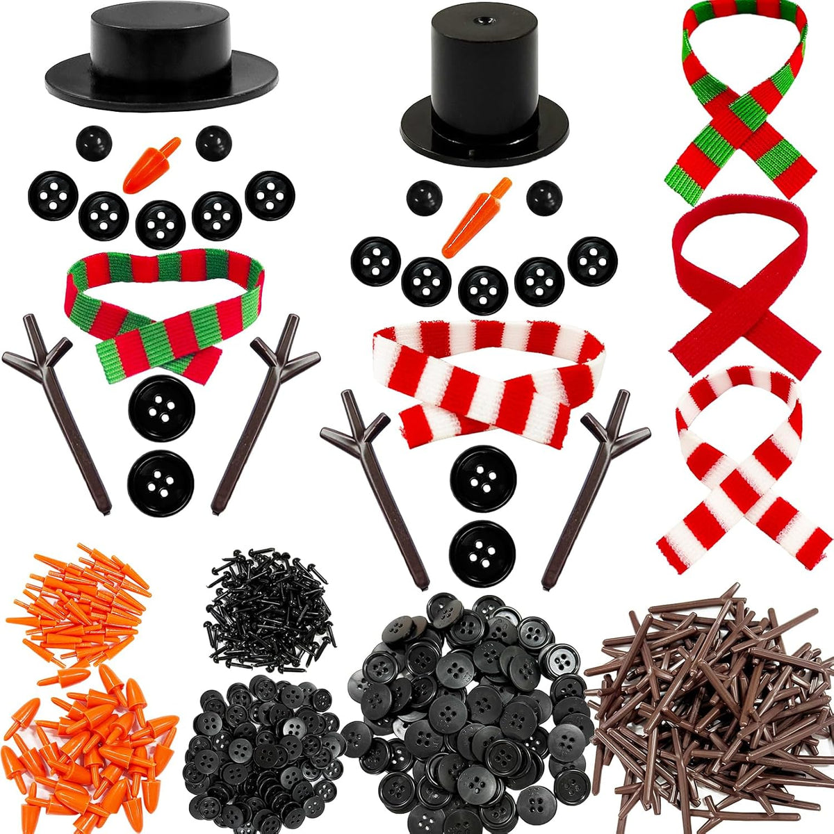 Haawooky 540 Pcs Snowman DIY Crafts Kit,Snowman Crafts with Black Hats,Carrot Noses Buttons,Tiny Buttons,Trigeminal Hands and Colorful Scarfs,Build a Snowman Kit Christmas Party Supplies for Adults