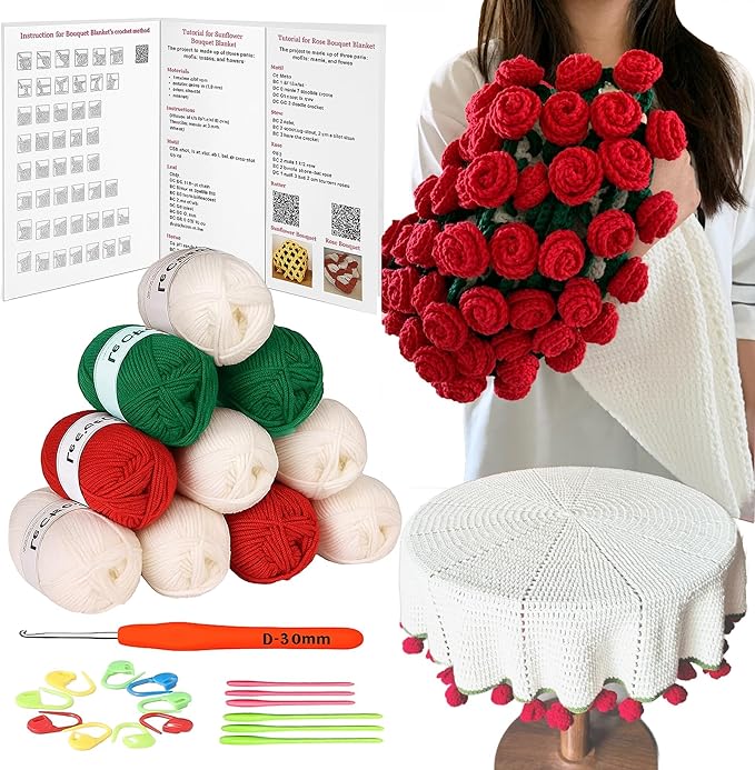 Yarniss Rose Crochet Blanket Kit for Beginner,Crochet Flower Bouquet Blanket Kit with Enough Yarn&Tutorial,Crochet Blanket Kit for Adults