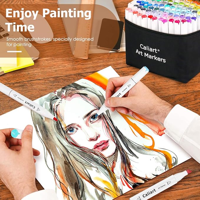 caliart markers, 100 colors dual tip art markers sketch pens permanent alcohol based, with case for adults artists drawing illustration sketching coloring (white barrel)