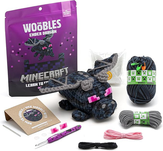 The Woobles Minecraft Crochet Kit – Beginner Crochet Kit for Adults & Kids, Easy Knitting Kit with Woobles Yarn, DIY Crafts, Crochet Animals, Minecrafts, Gift for Gamers & Crafters (Ender Dragon)