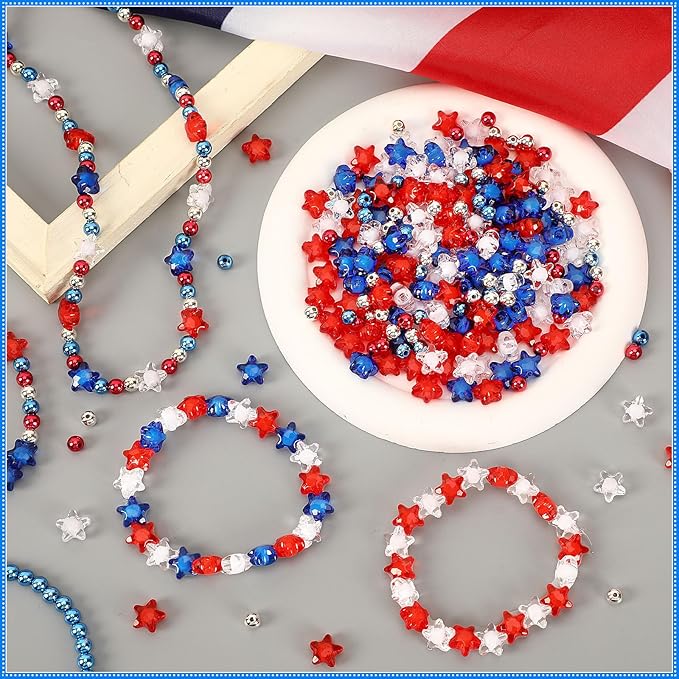 UPINS 1500Pcs Red White and Blue Beads, Patriotic 4th of July Beads for Jewelry Making Round Star Spacer Beads for Independence Day DIY Crafts and Necklace Bracelet Earring, 0.24 inch, 79-6670