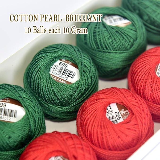 Double Mercerized Egyptian Long Staple Cotton Pearl Thread Ball 10 Grams Rainbow Color Embroidery Thread 10 Colors per Box for Crochet Hardanger Cross Stitch Hand Embroidery,red Green