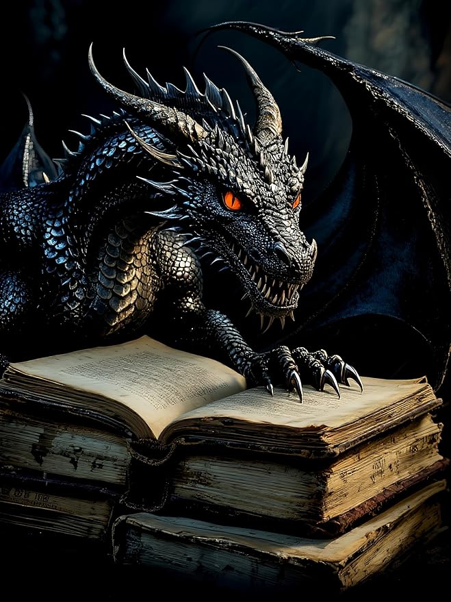 MBNTJHT DIY Dragon Diamond Painting Kits for Adults,5D Full Round Drill Diamond Art Kits for Adults Beginners,Black Dragon and Books Painting by Diamonds Kit Crafts for Home Decor Gifts 12X16 Inch.